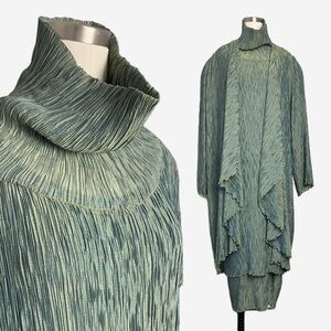 Vintage Zonda Nellis iridescent green plisse dress and duster set art to wear M